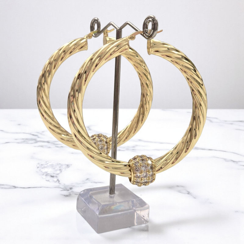 Large 70m Chunky Twist Hoop Earrings With Sparkly Balls