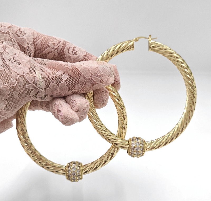 Large 70m Chunky Twist Hoop Earrings With Sparkly Balls