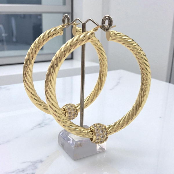 Large 70m Chunky Twist Hoop Earrings With Sparkly Balls