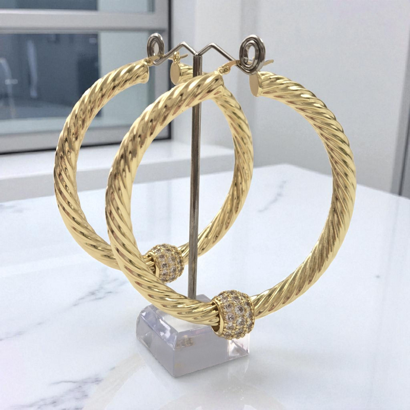 Large 70m Chunky Twist Hoop Earrings With Sparkly Balls