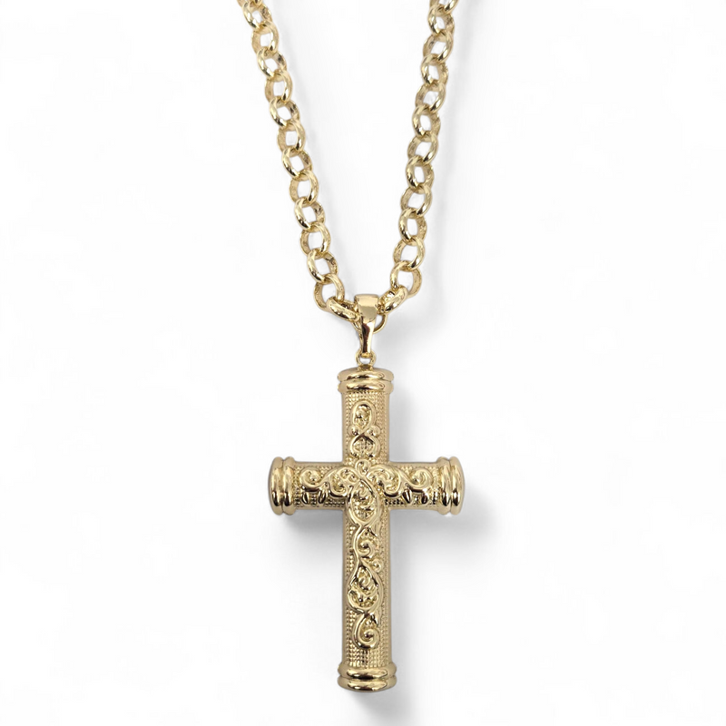 Large Patterned Cross pendant on Belcher Chain
