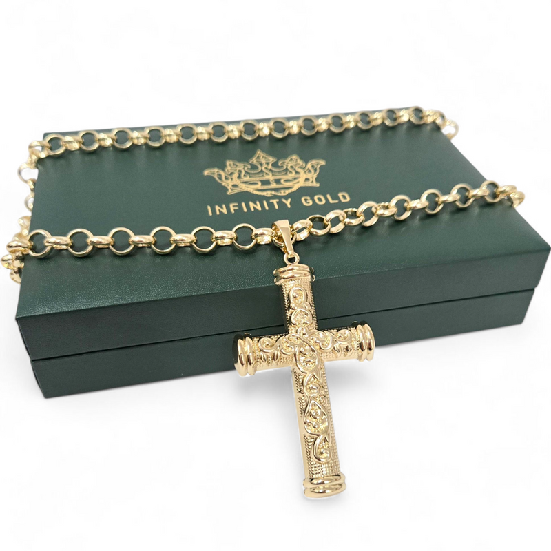 Large Patterned Cross pendant on Belcher Chain