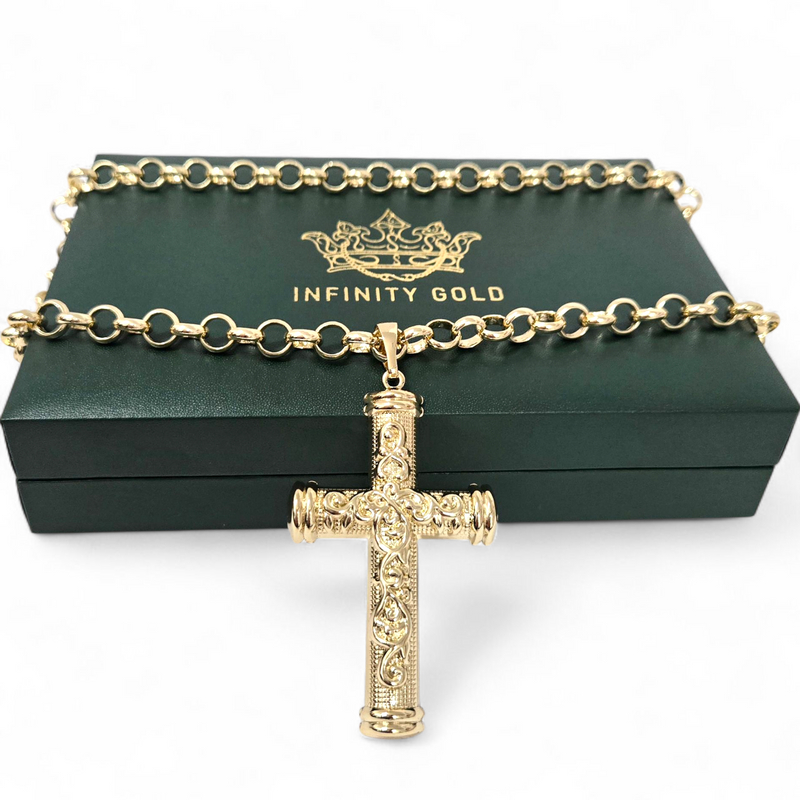 Large Patterned Cross pendant on Belcher Chain