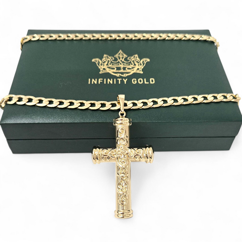 Large Patterned Cross pendant on Belcher Chain