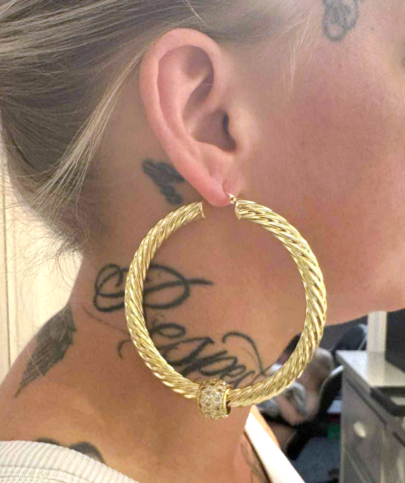 Large 70m Chunky Twist Hoop Earrings With Sparkly Balls