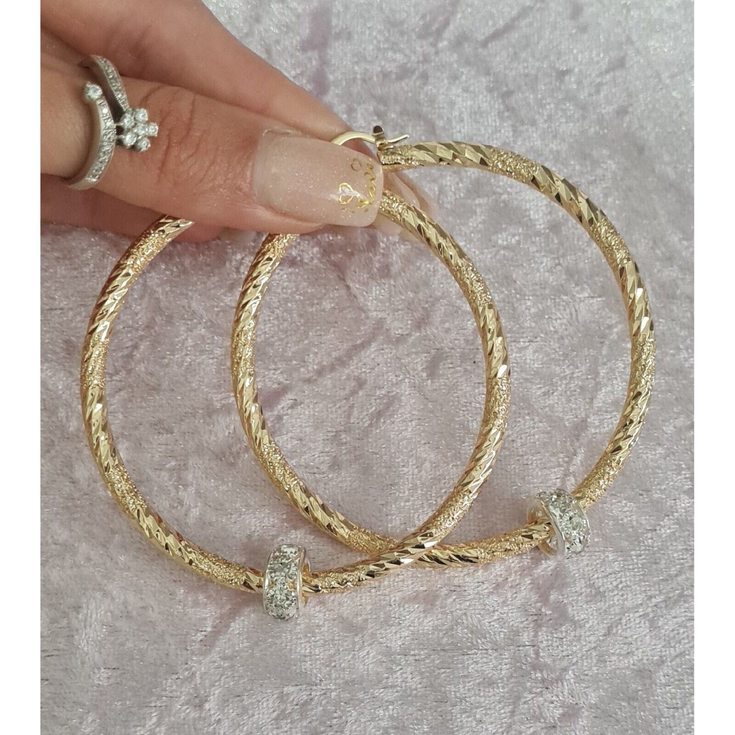 70mm Thin Sparkle Twist Hoops with Crystal Balls
