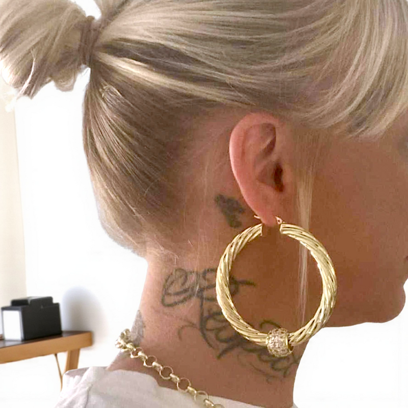 Large 70m Chunky Twist Hoop Earrings With Sparkly Balls