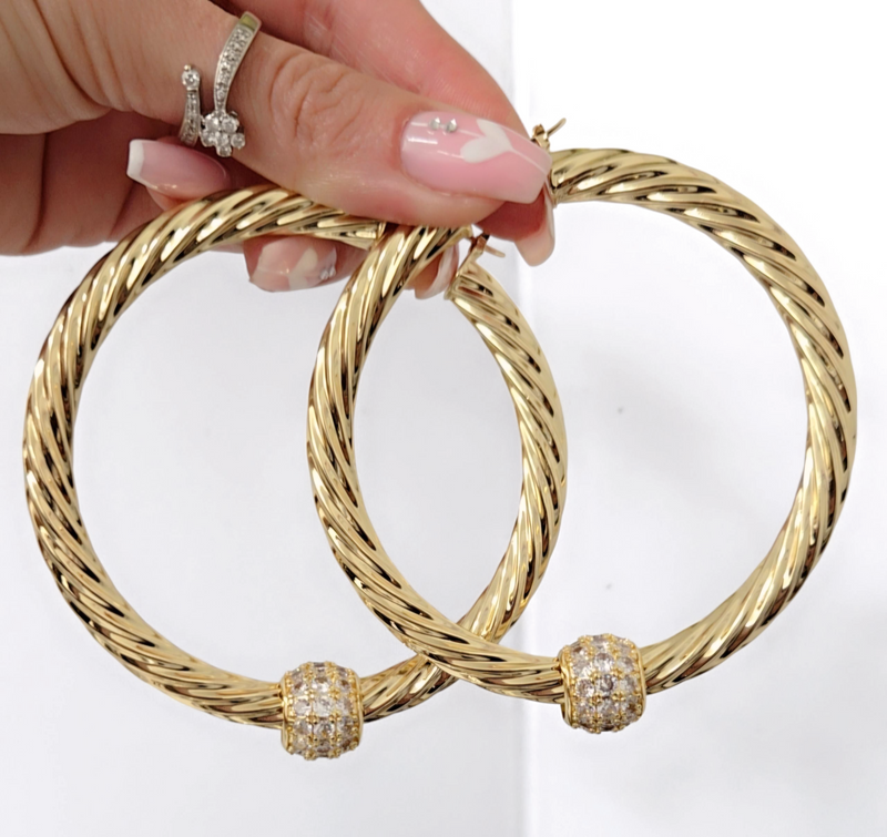 Large 70m Chunky Twist Hoop Earrings With Sparkly Balls