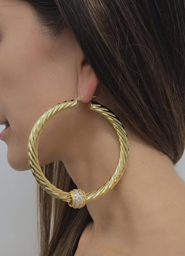 Large 70m Chunky Twist Hoop Earrings With Sparkly Balls