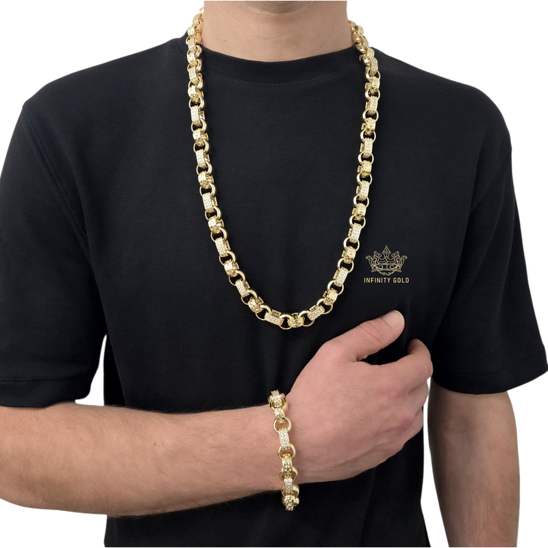 13mm CZ Gypsy Style Belcher Bracelet And Chain Set